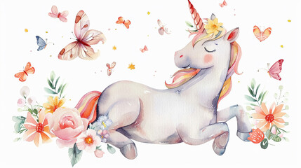 Cute unicorn lovely with flowers and butterflies isolated on a white background Watercolor illustration. - obrazy, fototapety, plakaty