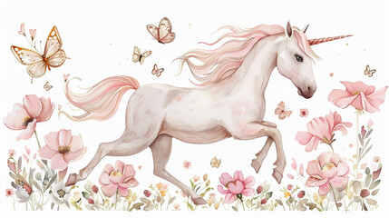 Cute unicorn lovely with flowers and butterflies isolated on a white background Watercolor illustration.