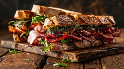 Close-up of gourmet sandwiches with premium meats, artisan cheeses, and fresh vegetables on rustic bread, spotlight studio lighting, raw style isolated background