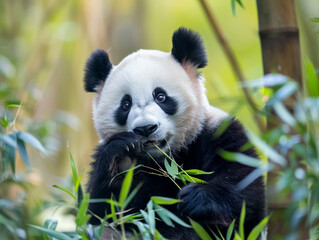 Fototapeta premium Endearing pandas munch on bamboo shoots