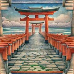 Obraz premium Seamless pattern of torii gates leading the way to a sacred shrine, Generative AI