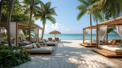 cozy lounges with beds on the beach with palm trees around