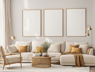  Frame mockup Living room wall poster mockup. Interior mockup with house background. Modern interior design. 3D render 