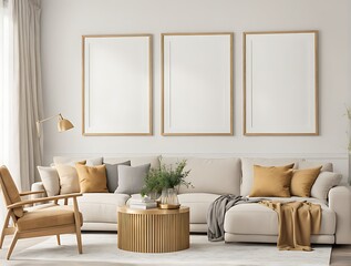  Frame mockup Living room wall poster mockup. Interior mockup with house background. Modern interior design. 3D render 