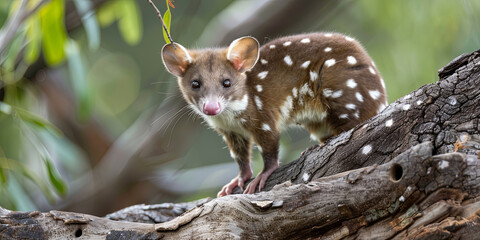 Obraz premium quoll with white spots on its body, brown fur and a small head, sitting on a tree branch, generative AI
