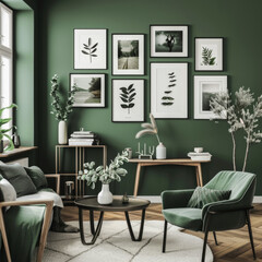 A green room with a green wall and a green couch. There are many pictures on the wall, including one of a leaf. The room has a modern and minimalist feel