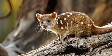 quoll with white spots on its body, brown fur and a small head, sitting on a tree branch, generative AI