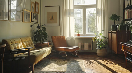 Obraz premium A living room with a yellow couch, a brown chair, and a potted plant. The room is bright and inviting, with sunlight streaming in through the windows