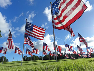 Images of American flags fluttering in the wind evoke a sense of patriotism and remembrance on Memorial Day.