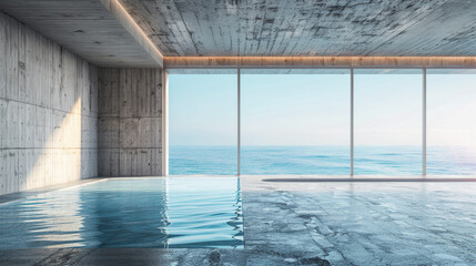 A large, empty swimming pool with a view of the ocean. The pool is surrounded by a concrete wall and has a large window overlooking the water. Scene is serene and peaceful, as the pool