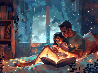 Parents read bedtime stories to their children