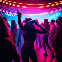 People dancing surrounded by bright neon lights at a party with virtual reality headset - generated by ai