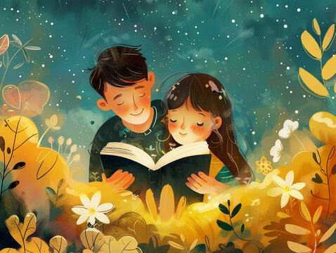 Parents read bedtime stories to their children