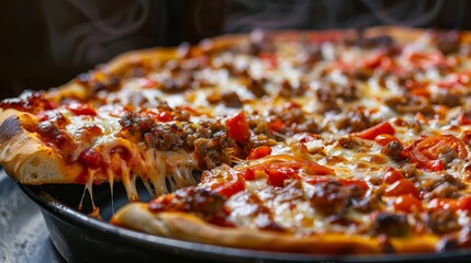 Deliciously detailed deep-dish pizza, cheese bubbling over layers of tomato sauce and a variety of toppings, perfectly lit in studio, simple background