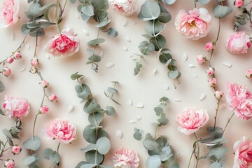 Flowers composition background. Pattern made of pink and cotton flowers and eucalyptus branches on pastel pale beige background.