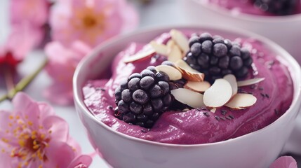 Deluxe acai bowls topped with sliced almonds and blackberries, elegant edible flowers, studio-lit against a soft-focus background