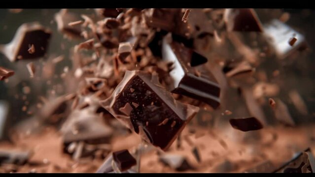 Shattered chunks of rich, dark chocolate explode in a burst of indulgent energy. Irregular shards and slivers fly in all directions, catching the light and creating an exhilarating sense of movement. 
