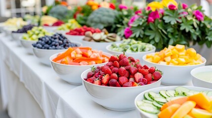 A table lined with bowls of chopped fruits and veggies offering a variety of options for guests to add into their smoothies.