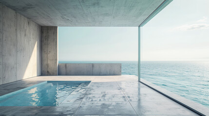 A large, empty room with a large window overlooking the ocean. The room is made of concrete and has a pool in the center. Scene is calm and serene, as the ocean and pool provide a peaceful