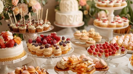 Elegant dessert table showcasing a variety of sweets and pastries, each item meticulously placed, under soft studio lighting