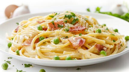 Elegant dish of creamy carbonara pasta, featuring crispy pancetta and a delicate egg sauce, garnished with fresh green peas, isolated on white