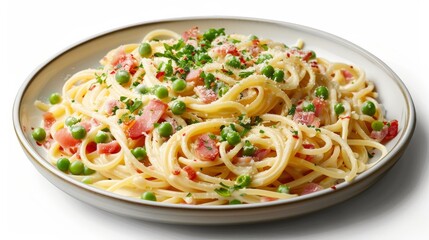 Elegant dish of creamy carbonara pasta, featuring crispy pancetta and a delicate egg sauce, garnished with fresh green peas, isolated on white