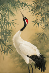 Fototapeta premium A captivating and serene painting of a graceful crane stands tall 