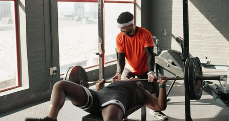 Gym weights and weak man with help, dumbbells and personal trainer with men, fitness and strength with exercise and emergency. People, coach and guys with progress and funny with stress and fail