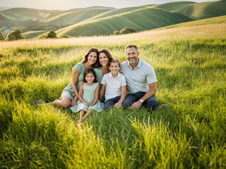 A family on a green meadow outdoors