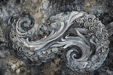 An abstract painting, intricate Thai patterns swirling in shades of gray