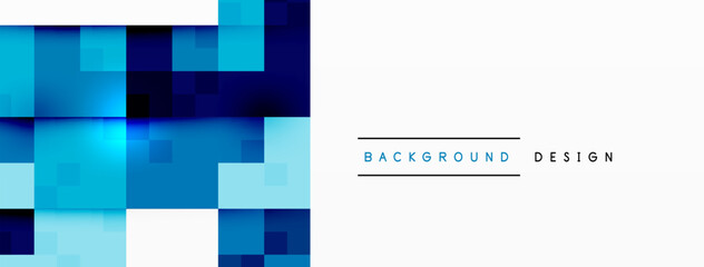 The building facade features a pattern of rectangles in shades of aqua and electric blue on a white background. The flooring has parallel squares in varying tints and shades