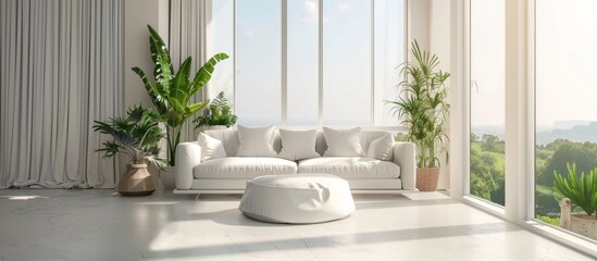 The cozy lounge area features a stylish white couch positioned near a generously sized window with a view