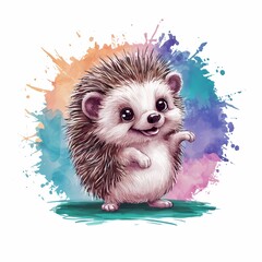 Watercolor, kawaii little hedgehog, abstract, with big eyes, white background, illustration1