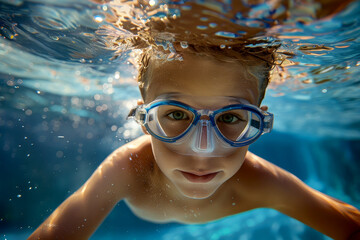 Fototapeta premium A young boy is swimming in a pool wearing goggles.ai generative