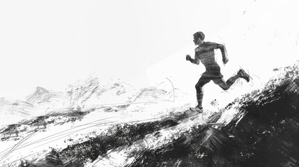 A black and white sketch of a runner, emphasizing the texture of the terrain and the runners silhouette against the landscape