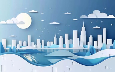 River skyline panoramic view in excellent paper cut style vector illustration