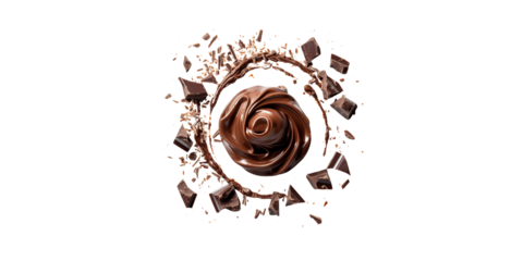 
chocolate, melting and broken into pieces, white background