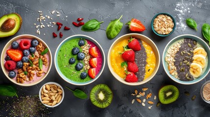 Fresh fruit smoothie bowls topped with seeds and nuts, colorful and nutritious, top view, perfect studio lighting for a vibrant start
