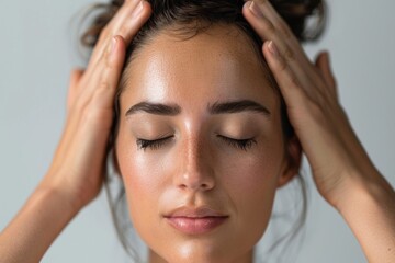 Naklejka premium essential oil roll-on applied to a persons temples, promoting relief from stress and headaches
