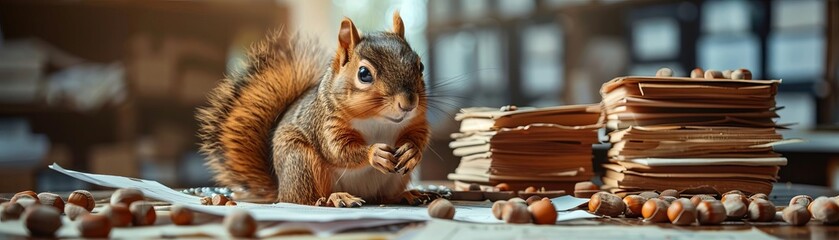 A squirrel in accountant gear, surrounded by stacks of nuts and financial papers, calculating stockpiles before winter