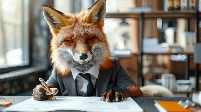 A fox in sophisticated attire, reviewing and signing important business documents at a modern office desk