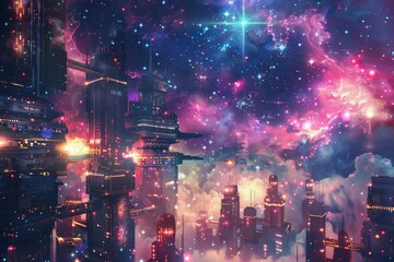 A cosmic cityscape nestled within a nebula, with twinkling star-lights forming windows and buildings