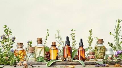Fototapeta premium Organic Beauty Products Image of organic cosmetic bottles surrounded by their natural ingredients, like herbs and oils, on a rustic table, conveying an allnatural ethos