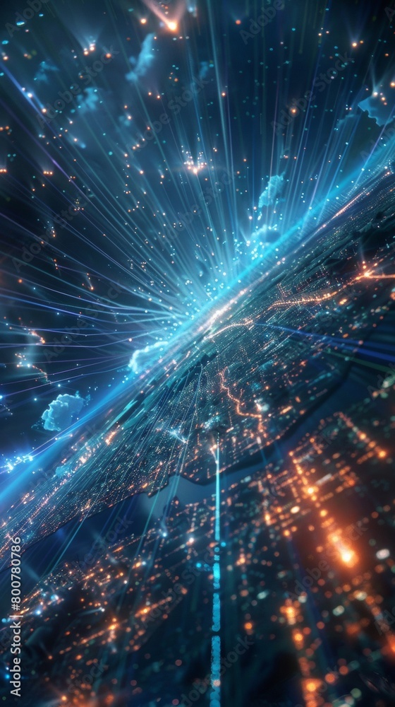 Poster a global map with pulsating beams of light representing major data arteries, converging on cloud hub