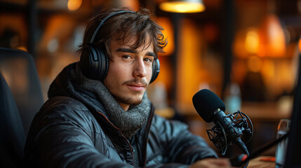 A handsome young man wearing headsets with microphone in front of him, getting ready for a podcast
