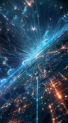 Obraz premium A global map with pulsating beams of light representing major data arteries, converging on cloud hubs