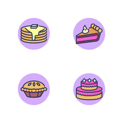 Baking and sweets line icon set. Stack of pancakes with butter, piece of cake, birthday cake, cupcake. Baking and desserts concept. Vector illustration for web design and apps