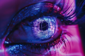 A close-up of a human eye, the iris replaced by a screen filled with pixelated static, reflecting a corrupted digital landscape