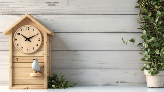 Blank mockup of a natureinspired wall clock with a wooden birdhouse design and cuckoo bird detail. .