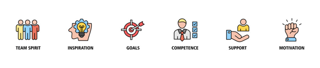 Team building banner web icon set vector illustration concept with icon of team spirit, inspiration, goals, competence, support, and motivation